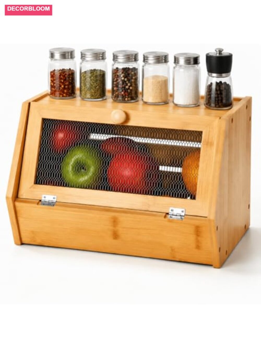 Bamboo Pantry Organizer Breathable Mesh Door Potato Onion Storage Bin Flat Top